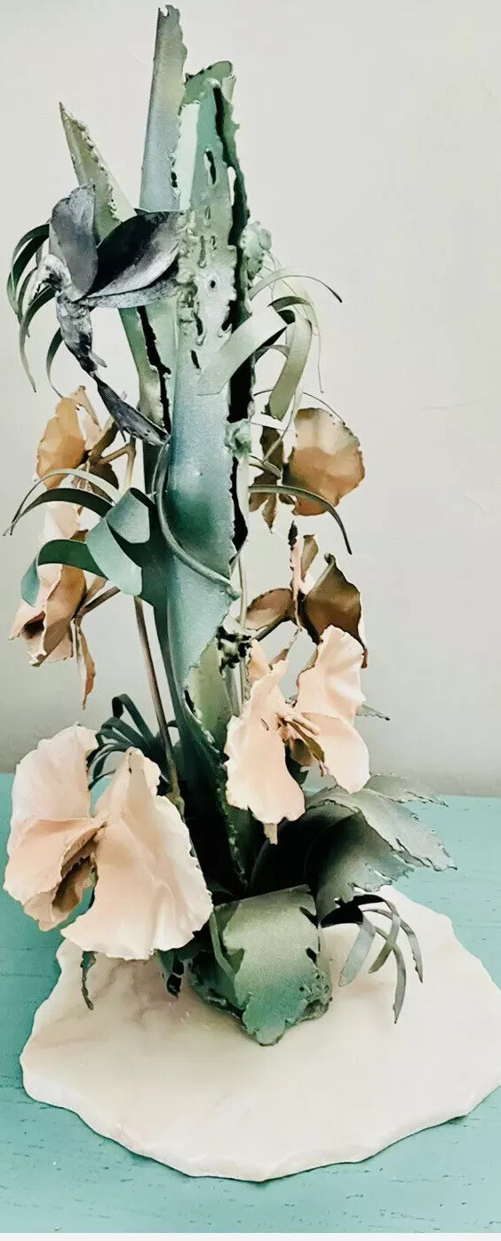 Unique Flower Arrangement Metal Orchids Marble Stand Handmade Hummingbird Signed