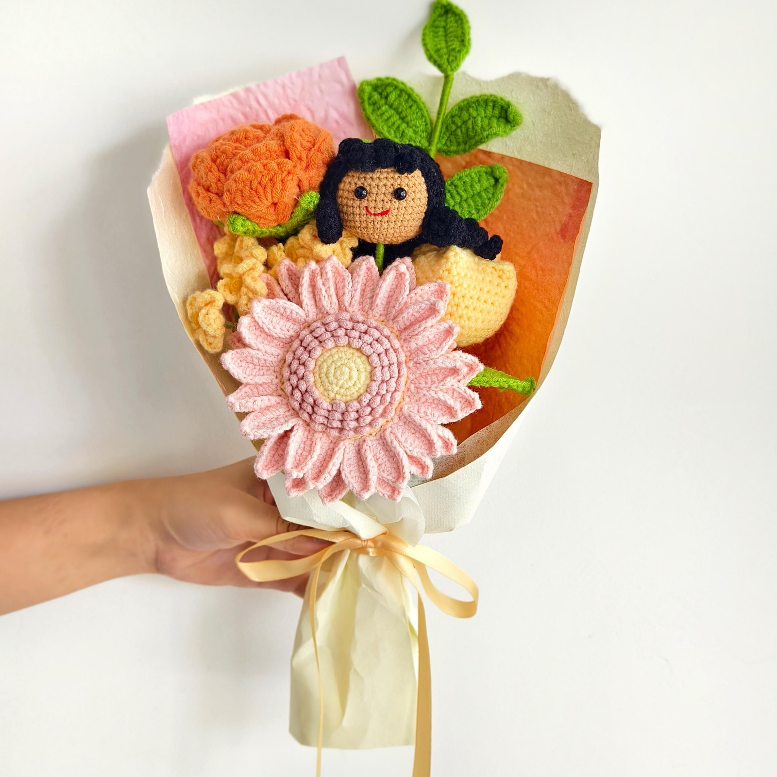 Crochet Flower Bouquet Handmade Yarn Flowers Doll Keepsake Teacher Gift for Her