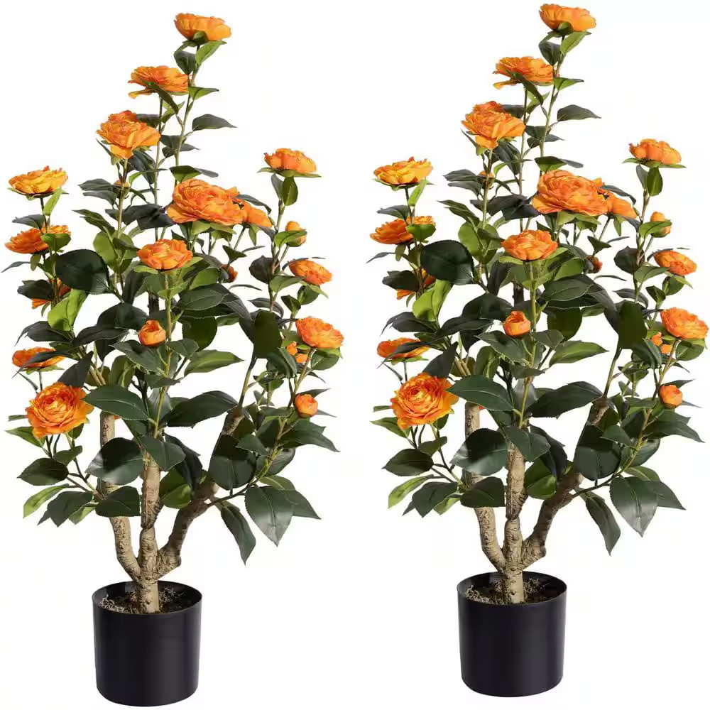 3 Ft. Artificial Camellia Flower Tree in Pot, Lifelike Green Leaves, Orange Blos