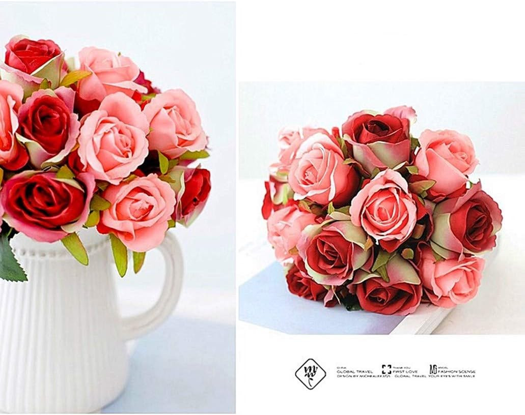 Artificial Roses Fake Flowers 12 Heads Arrangement Silk Bouquet for Home Office