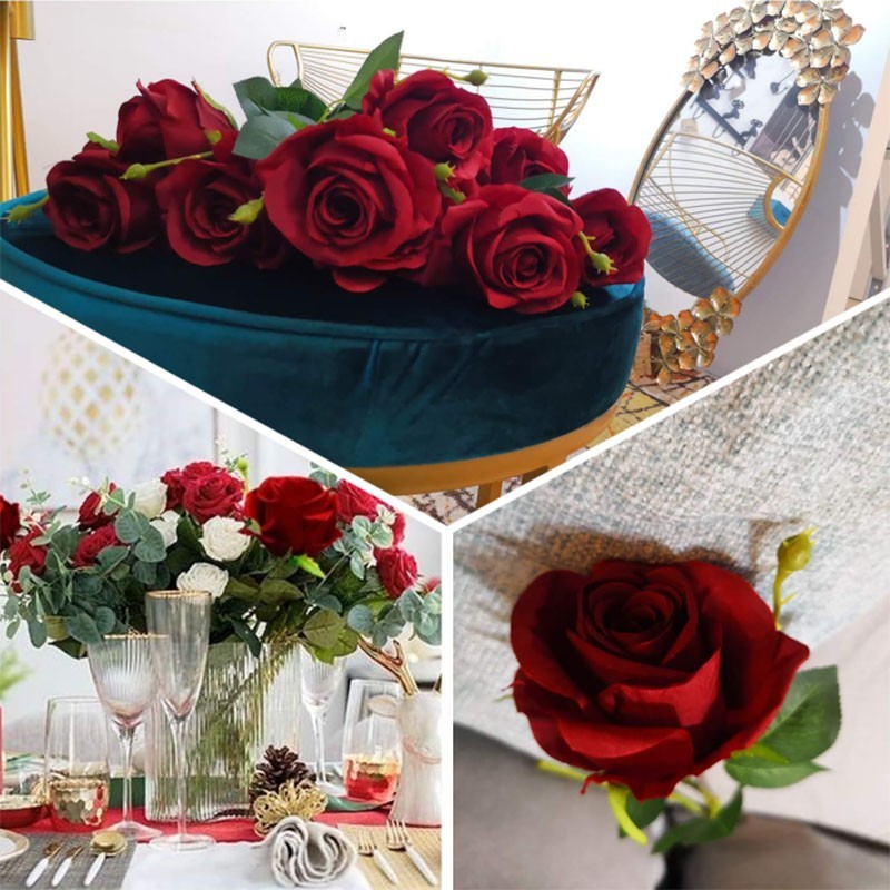 Artificial Red Rose Flowers Realistic Fake Rose Stem for Wedding Party Home Tabl