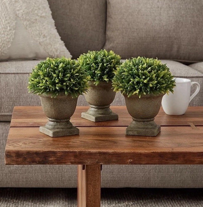 Pure Garden Set of 3 Artificial Podocarpus Grass Plant Faux Topiary Concrete Pot