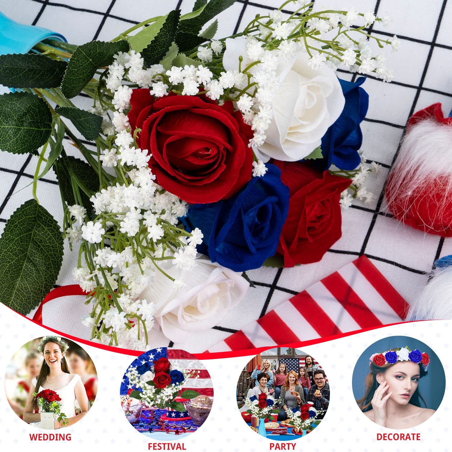 28 Pcs Red White and Blue Flowers, Patriotic Memorial Bouquet Atificial Flowe…