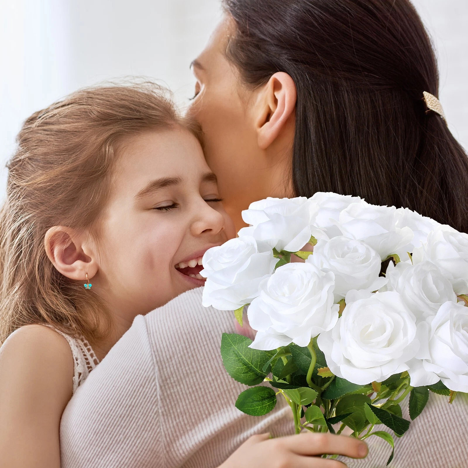 10-20 PACK Artificial Roses Flower White Silk with Single Stems Real Touch Gifts