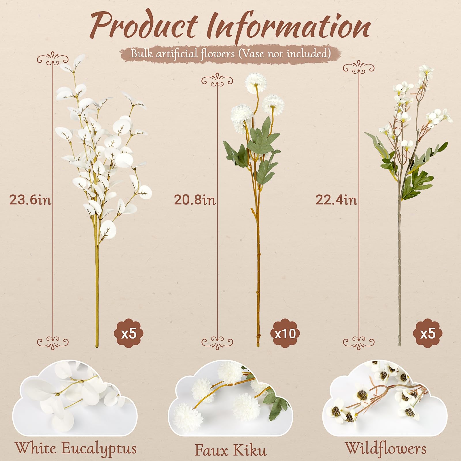 20Pcs Faux Flowers for Vase, White Kiku Artificial Flower Arrangements, Long …