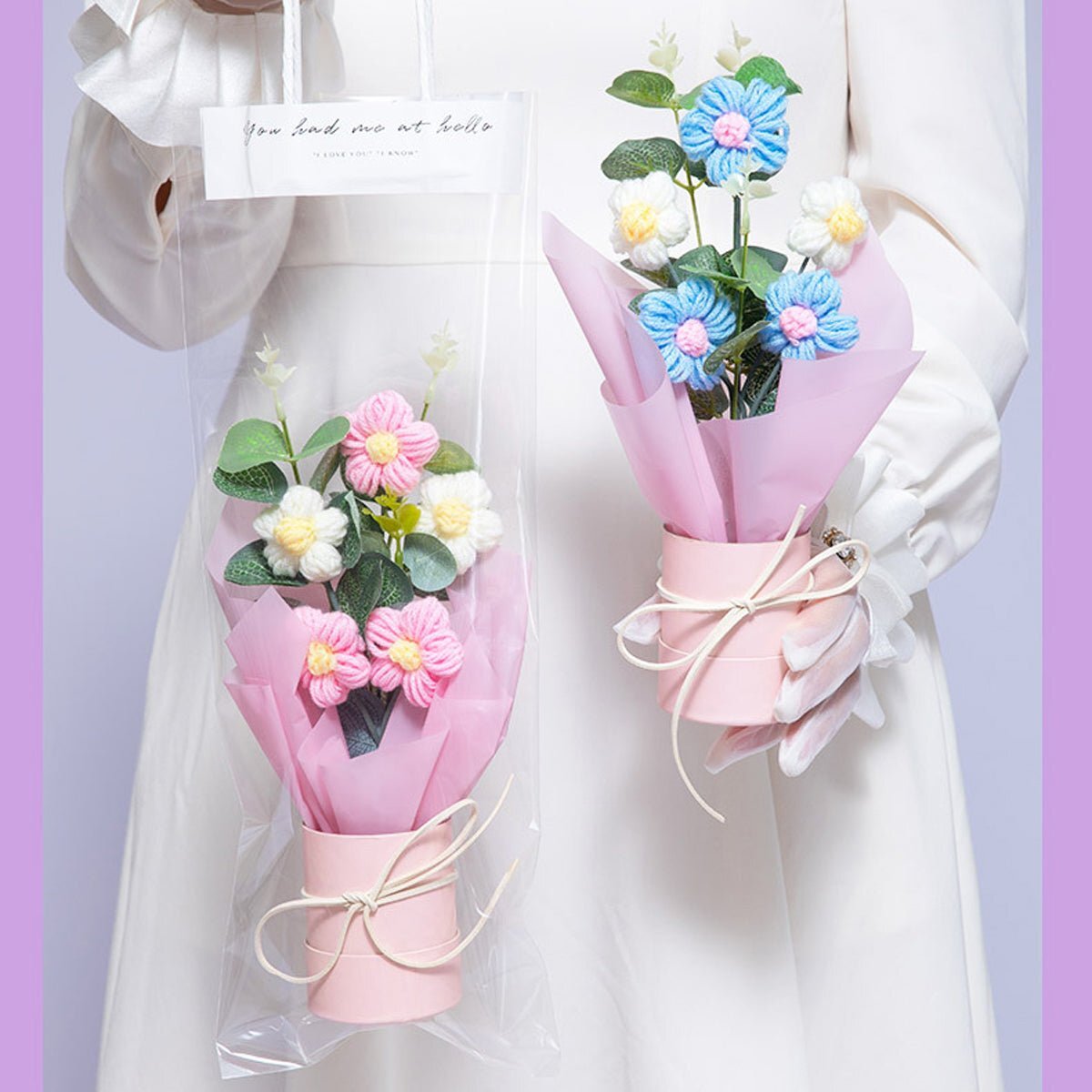 Crochet Flowers Bouquet with Light, Exquisite Gift Knitted Home Floral Decor