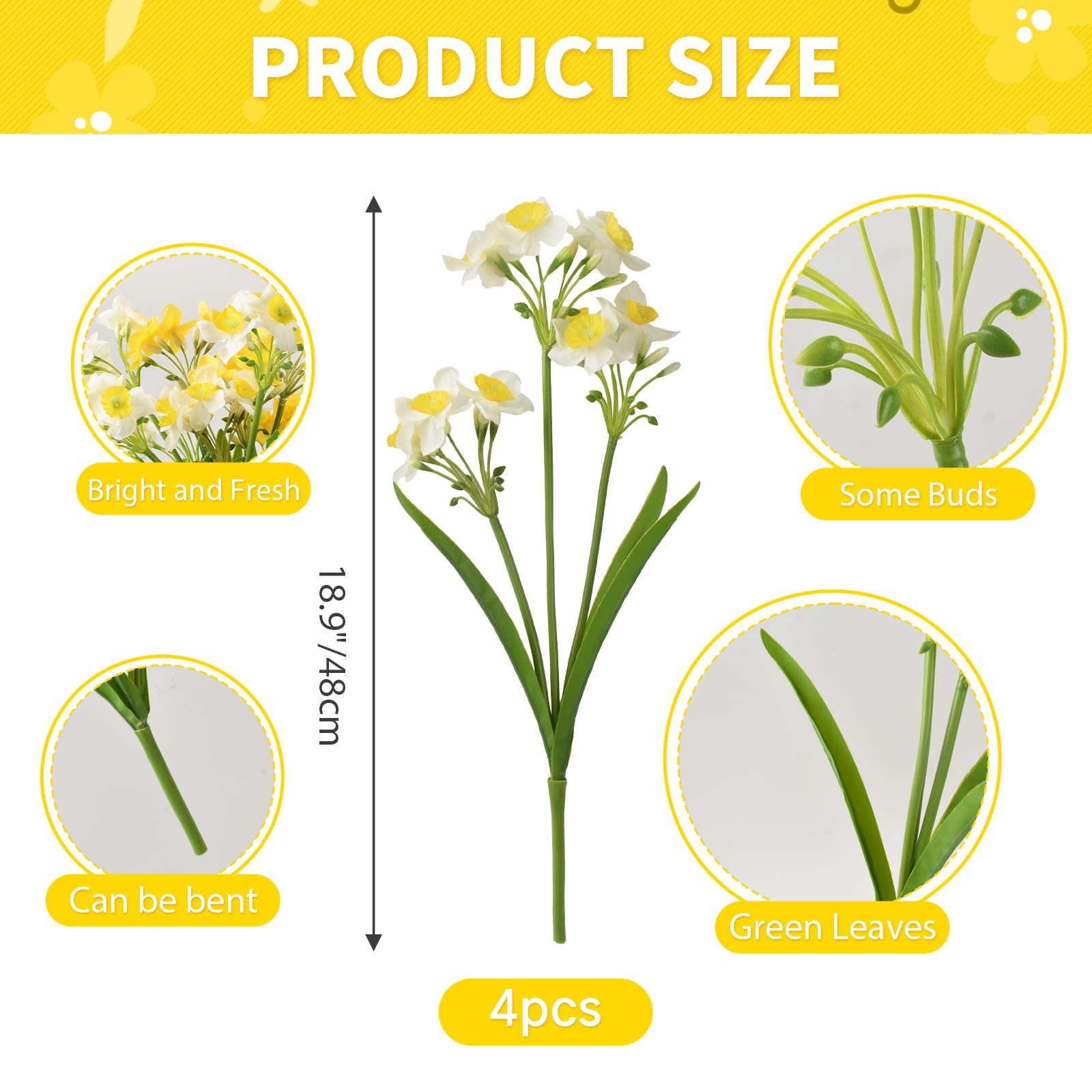 4Bundles Artificial Daffodils Flowers Fake Silk Daffodil Flower Faux Narcissu…