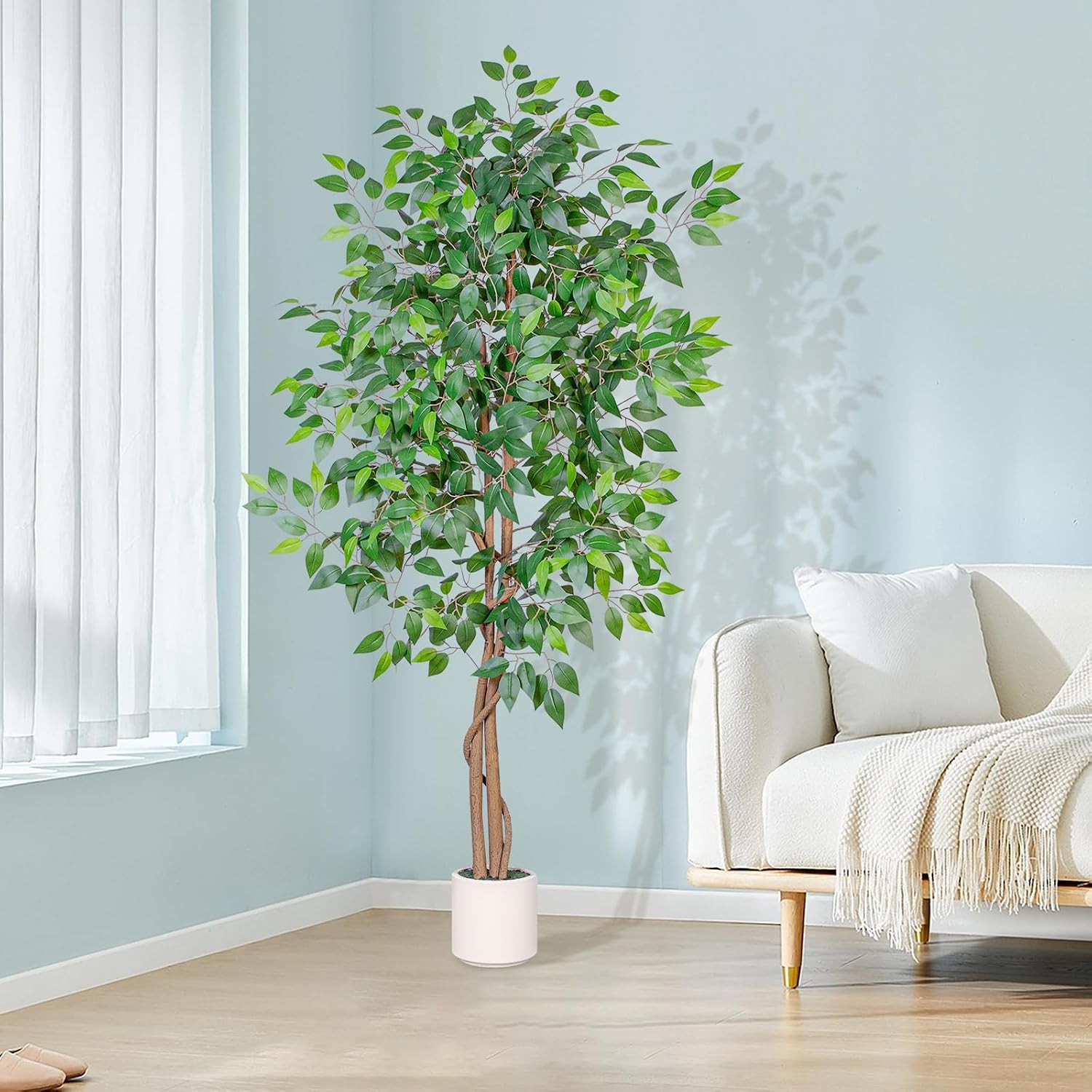 5FT Artificial Ficus Tree W/ White Planter Realistic Faux Silk Indoor Outdoor