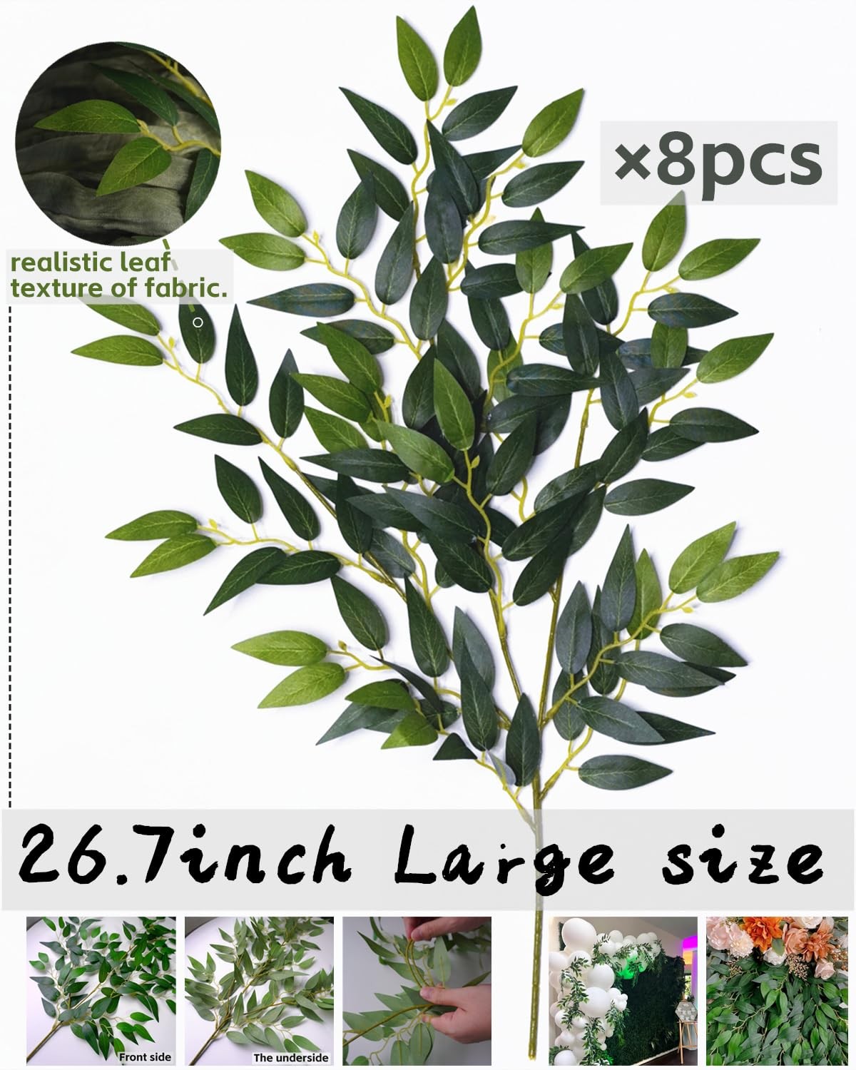 8pcs Italian Ruscus Artificial Leaves with Stems, Green Silk Leaf Wedding Arc…