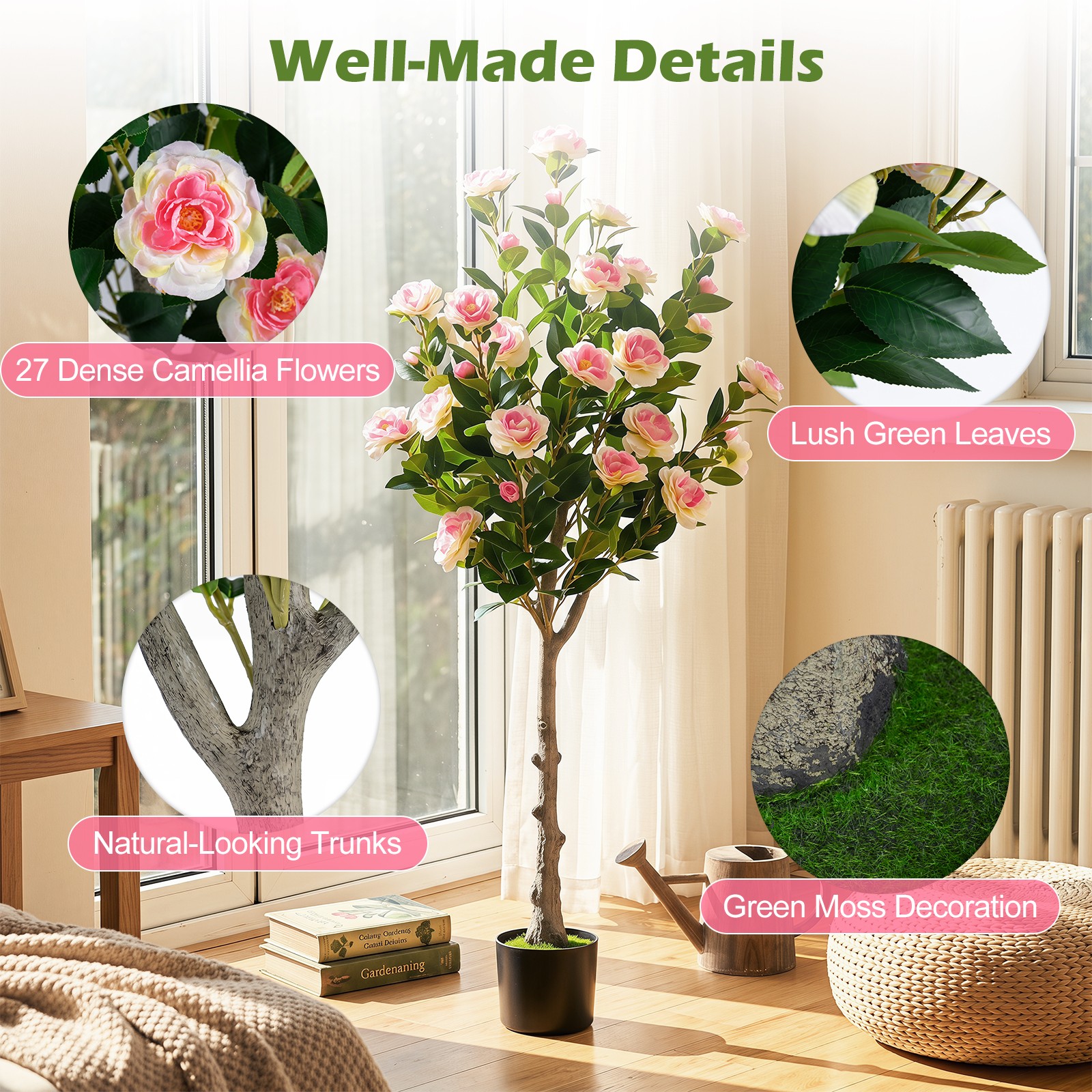 2PCS 50.5” Artificial Camellia Tree w/27 Camellia Blossoms in Cement-Filled Pot
