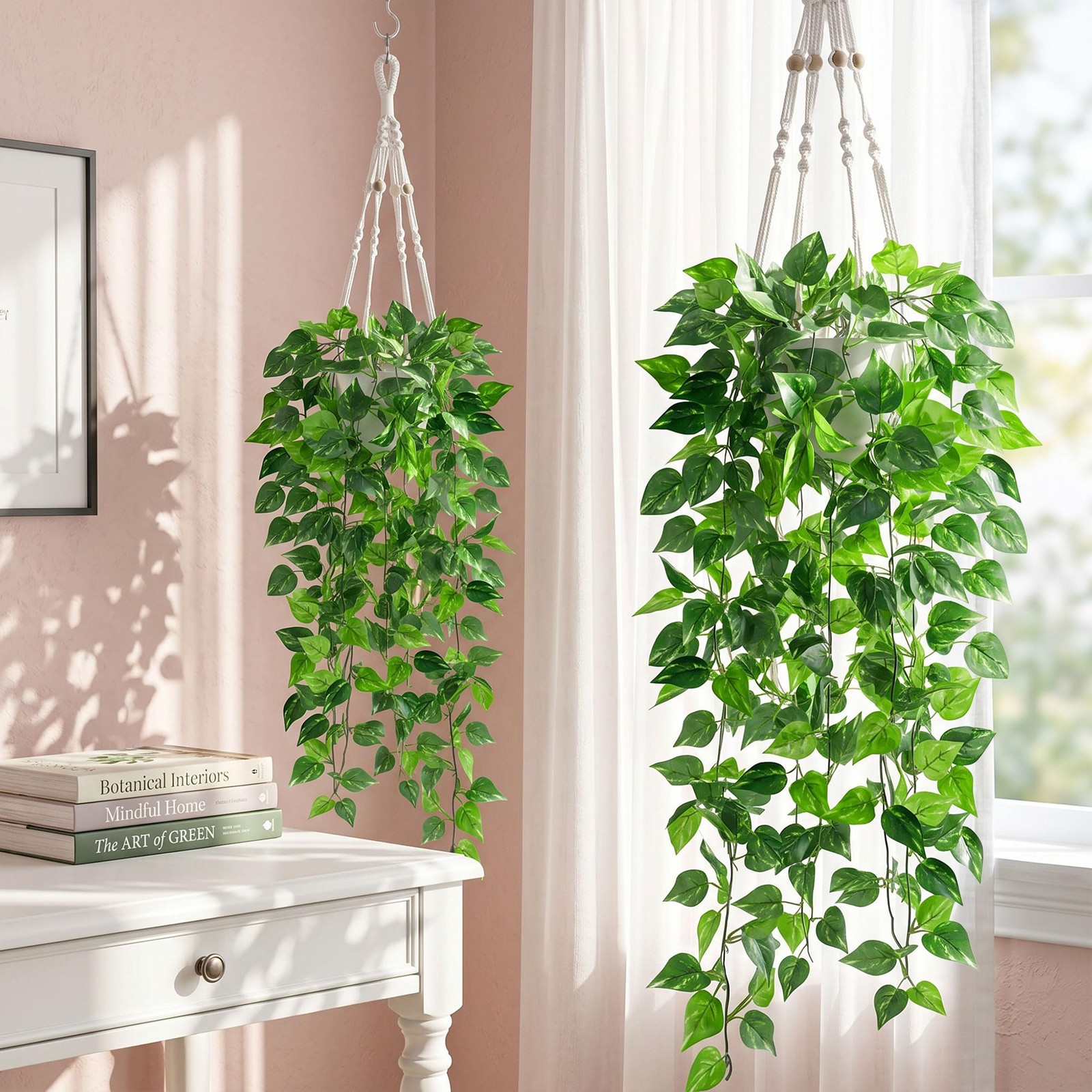 2 Packs Fake Hanging Plants with Pots, Artificial Pothos Hanging Plants with …