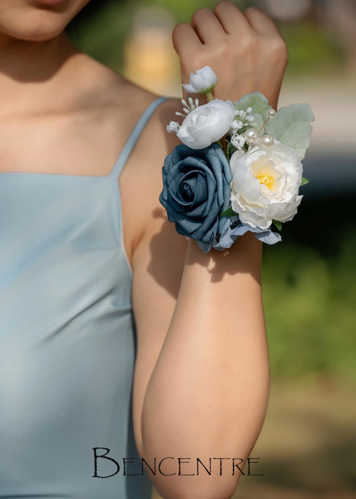 6 PCS Dusty Blue Corsages Wedding Prom Party Hand Flower Decor Wrist Band