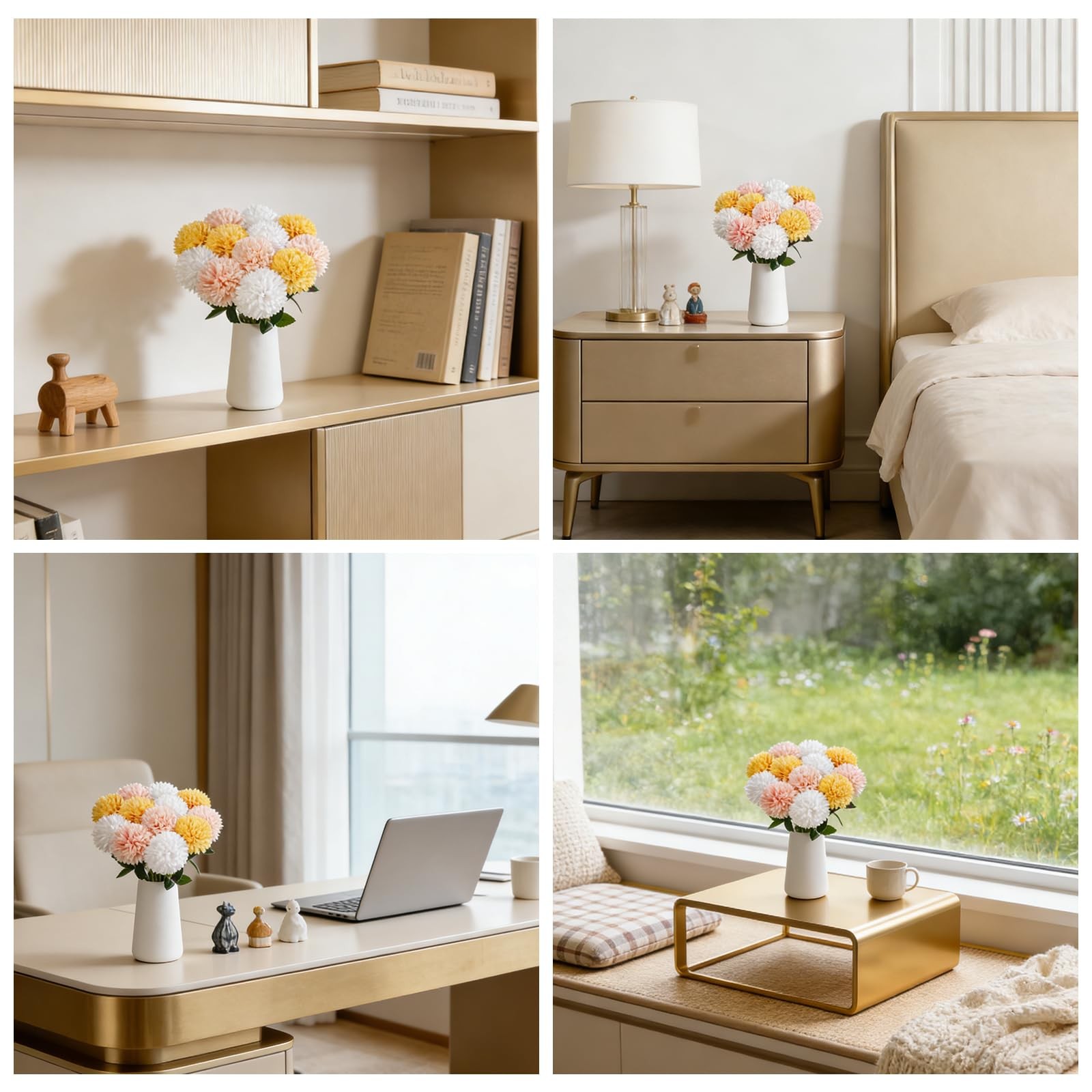 12Pcs Artificial Chrysanthemum Flowers with Ceramic Vase, Faux Silk Mum Flora…