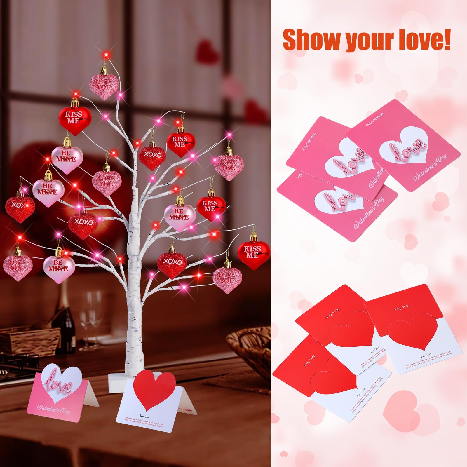 2 Pack Birch Trees with Heart Ornaments 24’’ Artificial Heart Table Tree Vale…