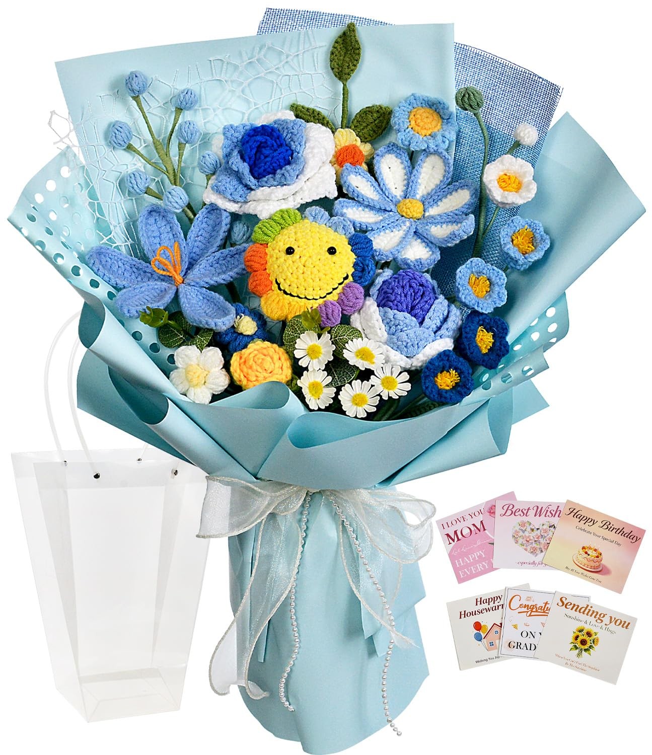 Crochet Flower Bouquet, Smiling Sunflower Tulip Rose, Blue