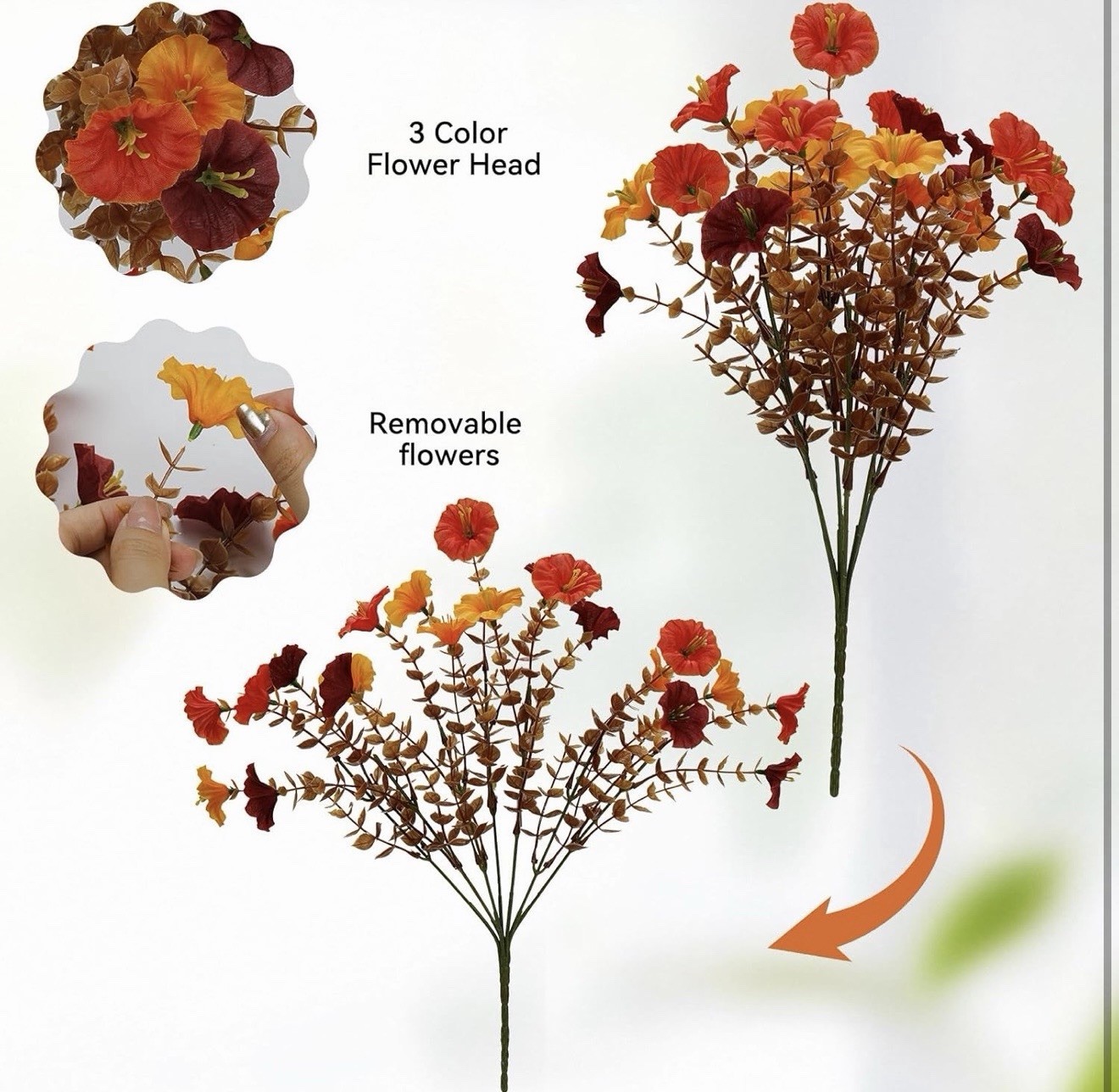 Artificial Petunia Flower Bouquet Red Yellow Orange 14.2in Fall Autumn Decor
