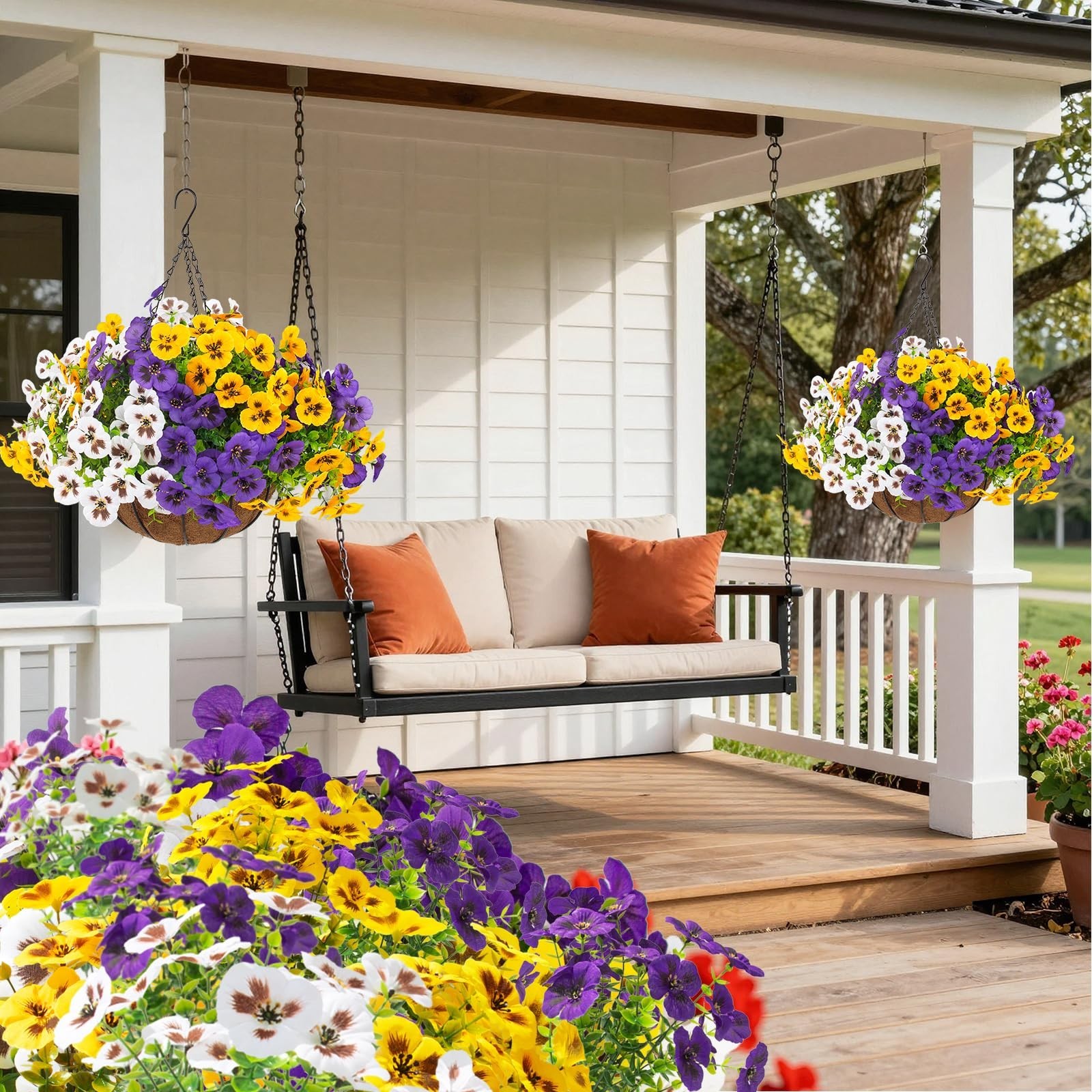 2 Sets UV Resistant Artificial Hanging Pansy Flowers with Baskets – 24 Pcs Faux