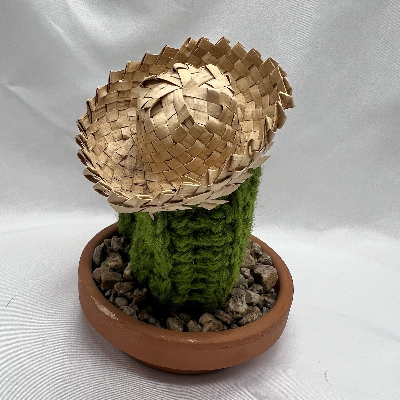 5 1/2” Crocheted / Knitted Potted Cactus Plant In Rock Bed Google Eyes