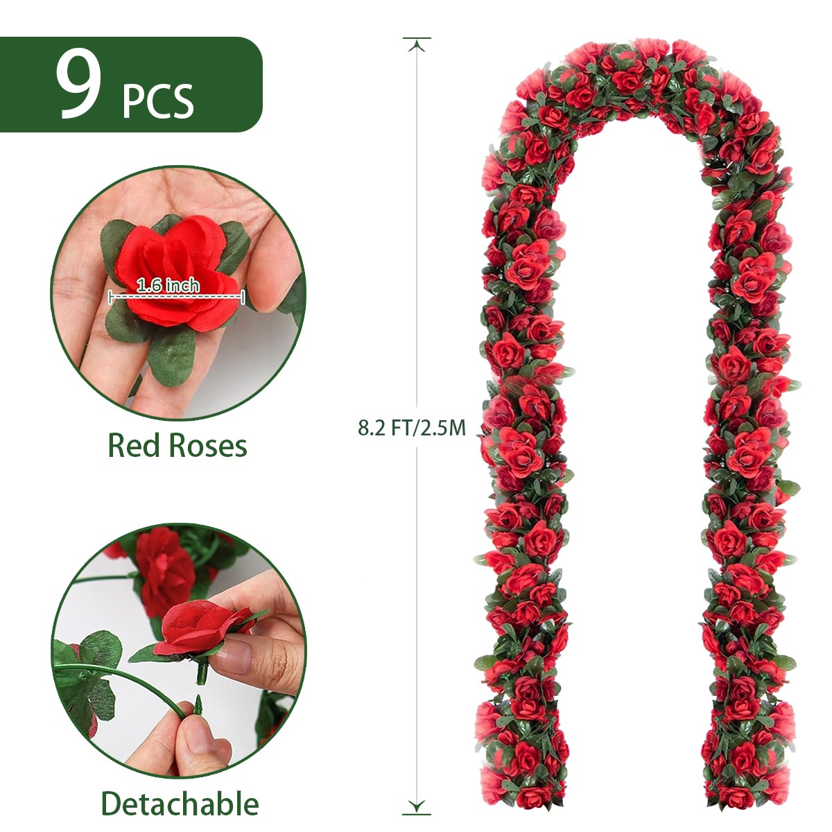 9Pcs 73.8FT Artificial Fake Rose Vine Garland Hanging Plants Home Wedding Decor