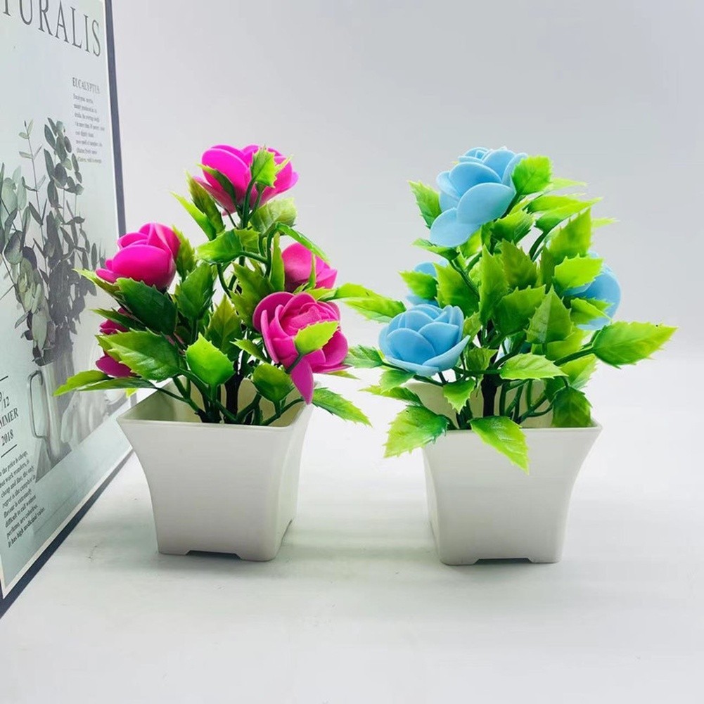 Plastic Artificial Roses in Pot for Home Decor – 14cm Tall Fake Flower