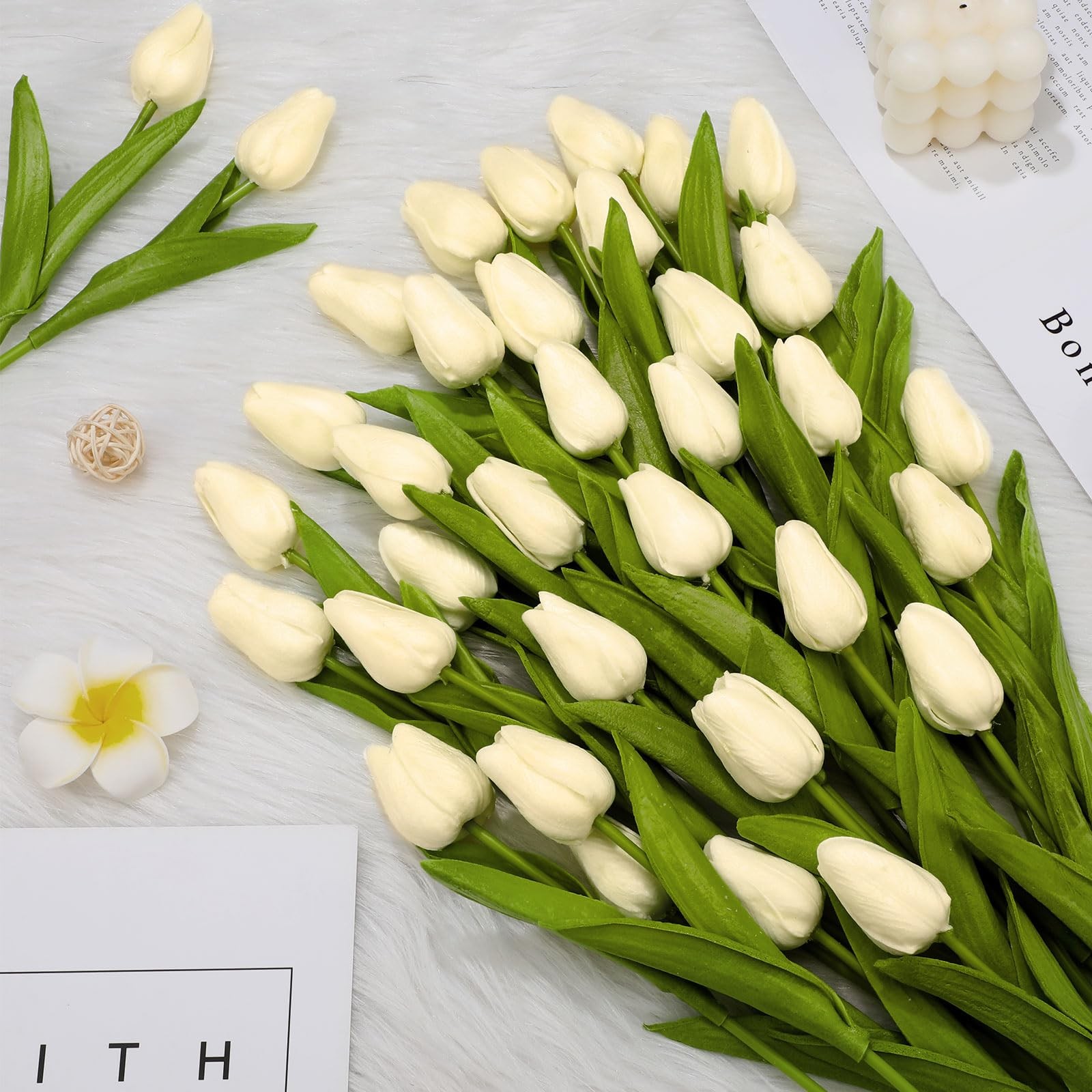 100 PCS Artificial Tulip Flowers PU Faux Latex Bouquet Centerpieces Milk White