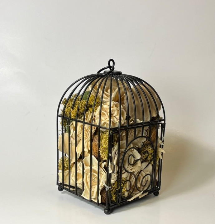 Wrought Black Rim Wire Hanging Dried Beige Floral Flower Arrangements BIRD CAGE