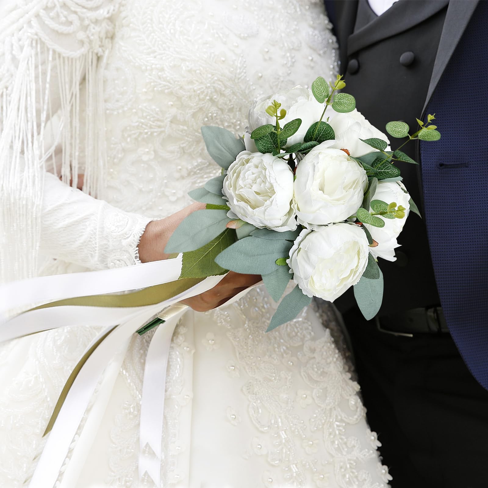 50 PCS Artificial Peonies Flowers Bulk 4 White Fake Heads Faux Silk Wedding