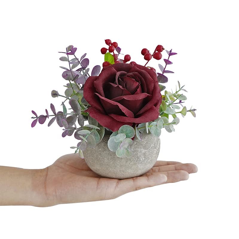 Small Artificial Burgundy Rose Potted Plant Fake Silk Flowers Mini Decor