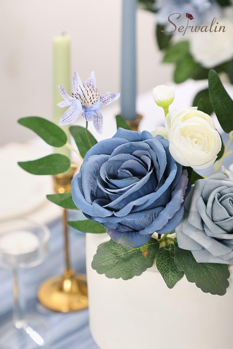 Serwalin Artificial Flowers, Dusty Blue Fake Flowers, Silk Foam Wedding Flowe…