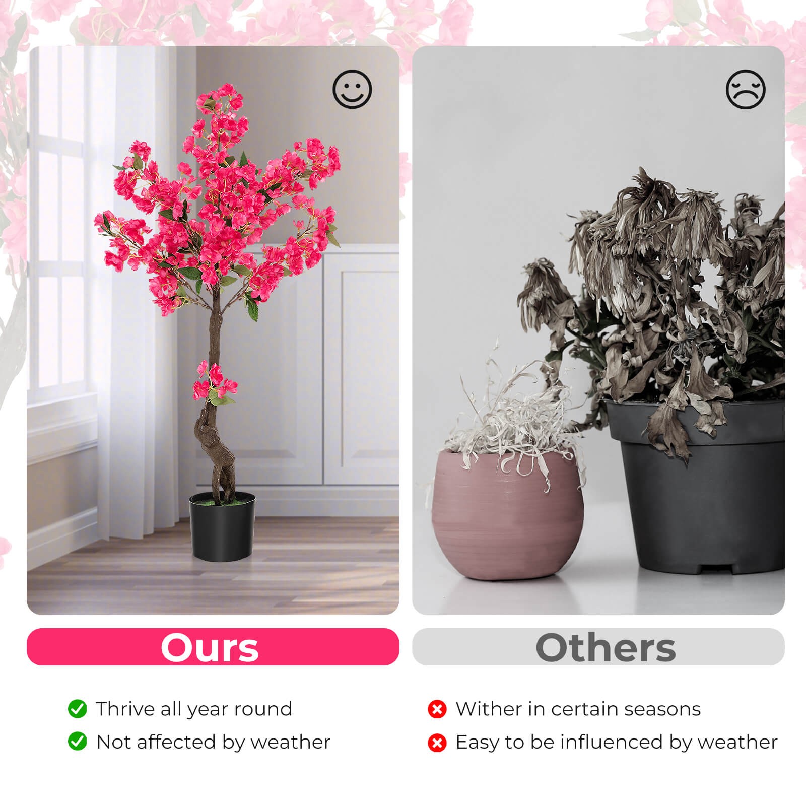2 Pack 42″ Artificial Plum Blossom Tree w/ 92 Flowers & Realistic Trunk Indoor