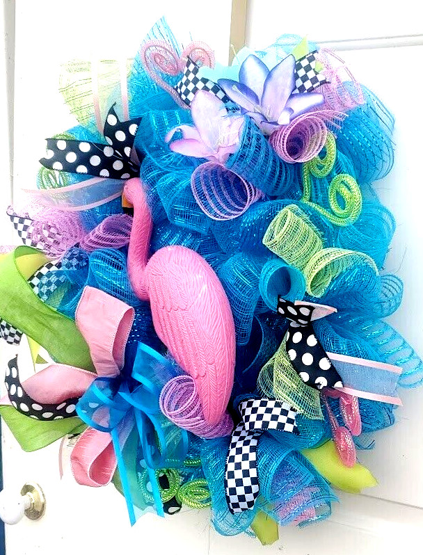 Spring Summer Pink Flamingo Wreath Large 24″ Handmade Deco Mesh Door Decoration