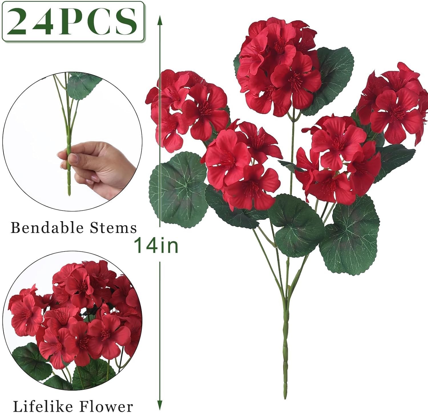 24 Bundles of UV-Resistant Artificial Geranium Flowers for Elegant Decor