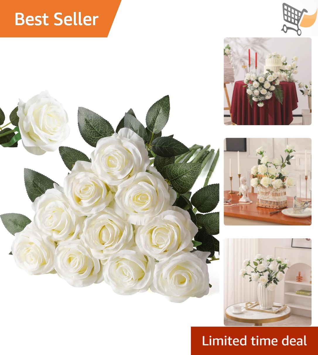 Artificial Silk Rose Flower Bouquet Off White 10pcs Wedding Home Decor