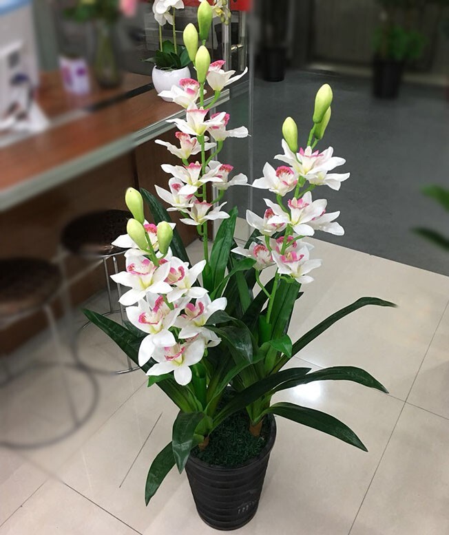 35″ Height (3 stems) Artificial Palm Plant White Flowers Tree ( No pot)