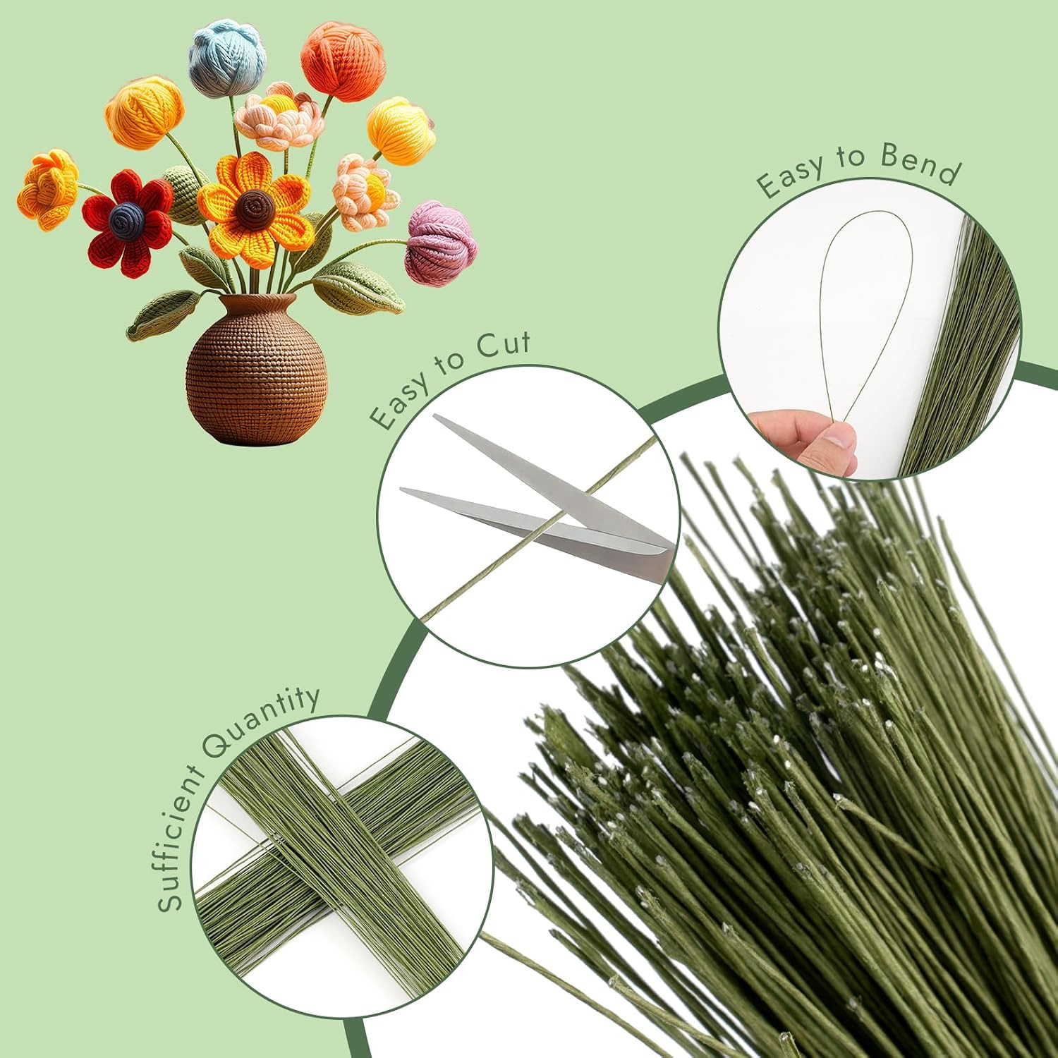 300 PCS Floral Wire Stems, 26 Gauge 14 Inch Artificial Flower Stems, Green Flow