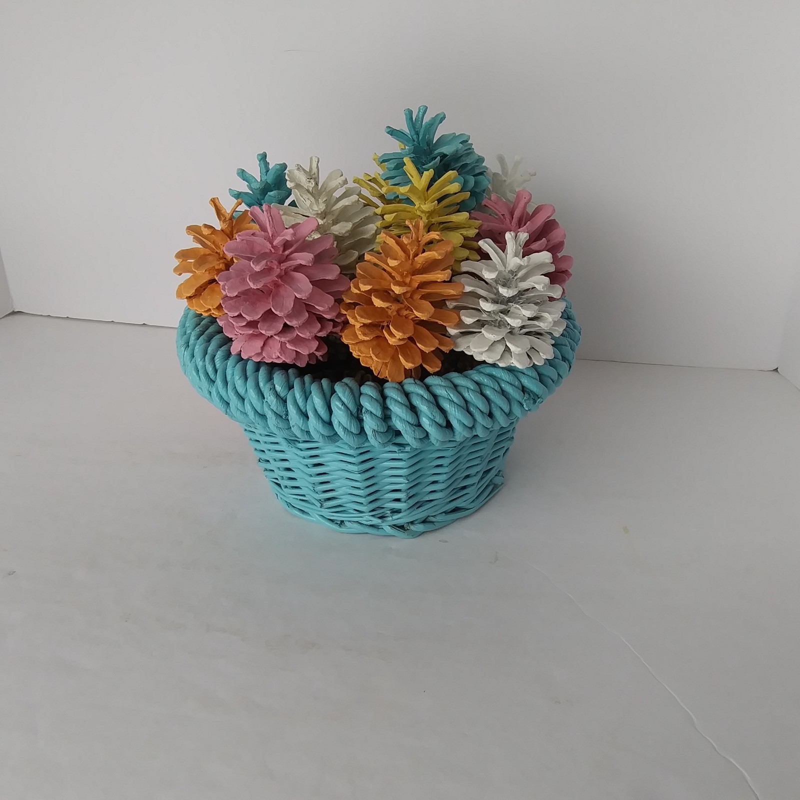 Colorful Pinecone Floral Basket Arrangement Teal Woven Pot Spring Decor Reversib