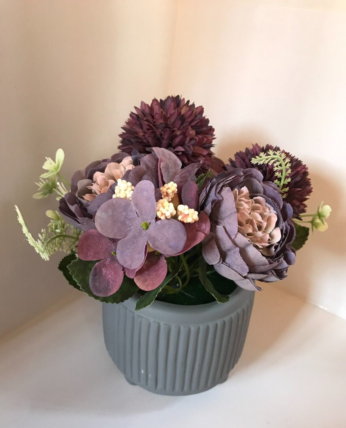 Artificial Silk Purple Hydrangea Peony Bouquet Flowers In Cement Grey Vase New