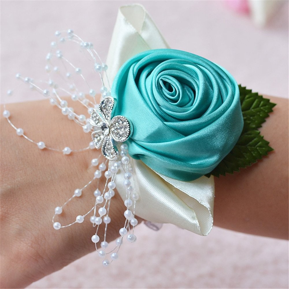 2 PCS Bridal Bridesmaid Wedding Wrist Corsage Hand Flower Prom Party Turquoise