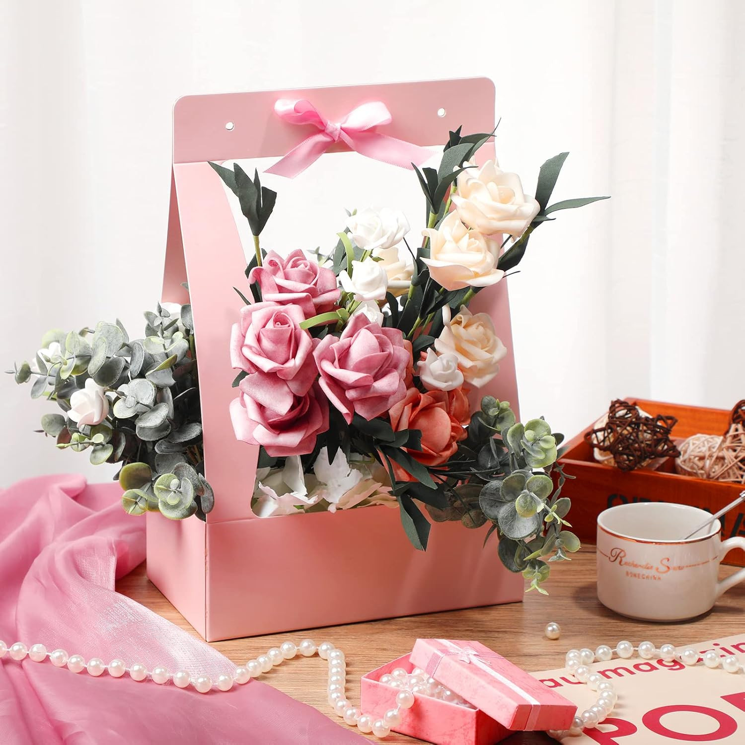 12 Pcs Mother’S Day Flower Boxes for Arrangements Paper Pink Flower Gift Bags fo