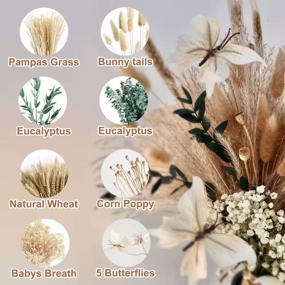 17 In. Brown Bohemian Dried Pampas Grass Bouquet-Includes Bunny Tail Grass and B