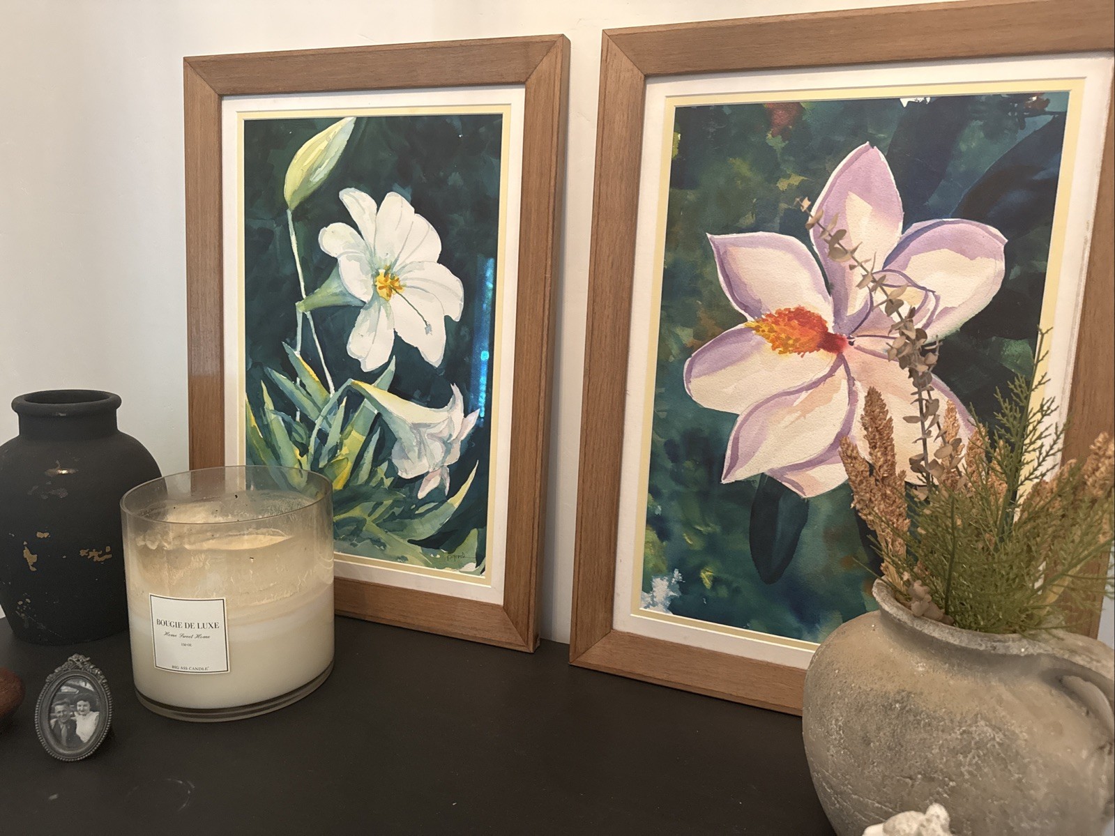 Original Watercolor Botanical Art Set – Framed Magnolia & Lily – Vintage Decor