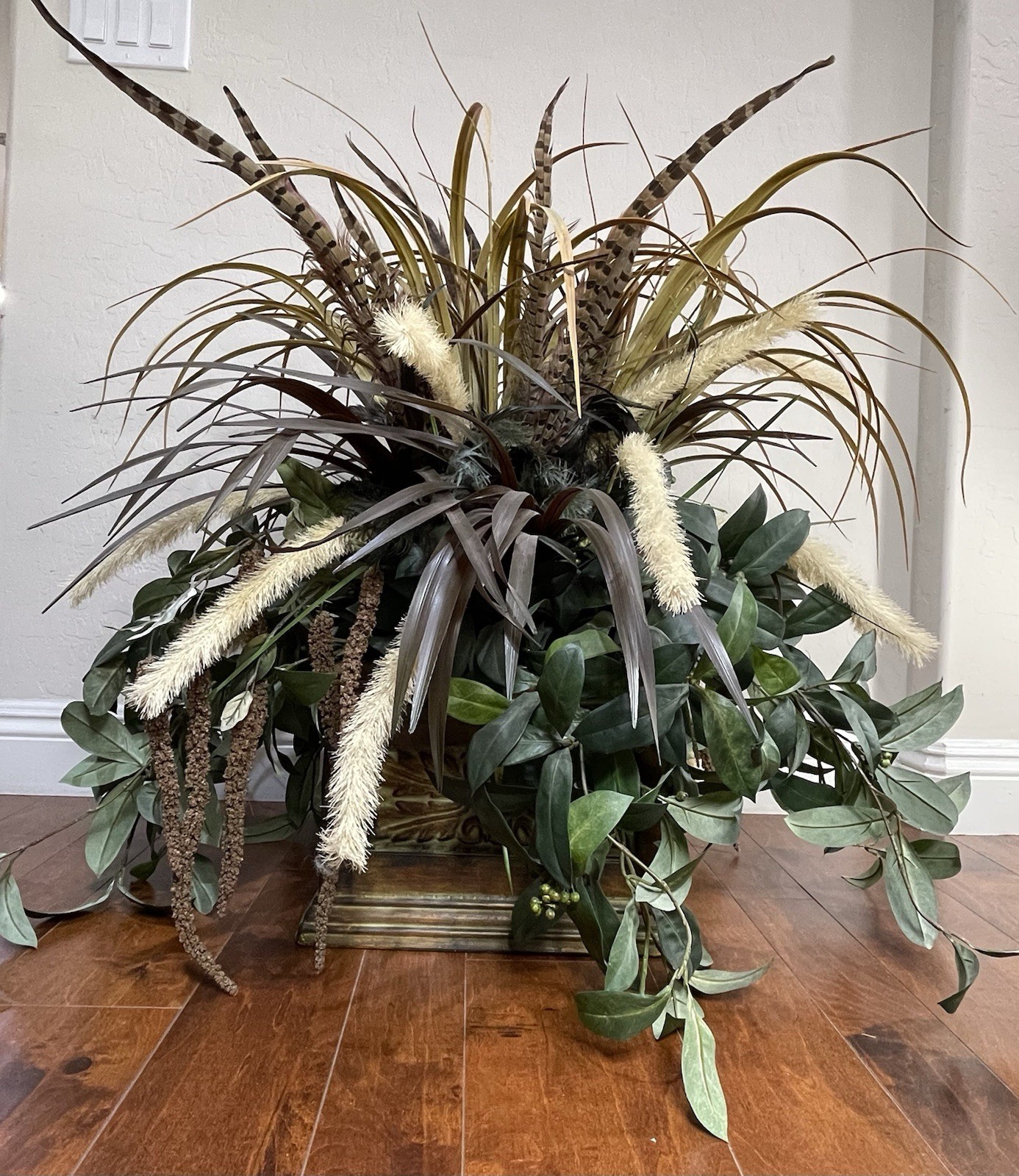 Artificial Floral Arrangement Faux Grass Cattails Pheasant Feathers Tin Planter