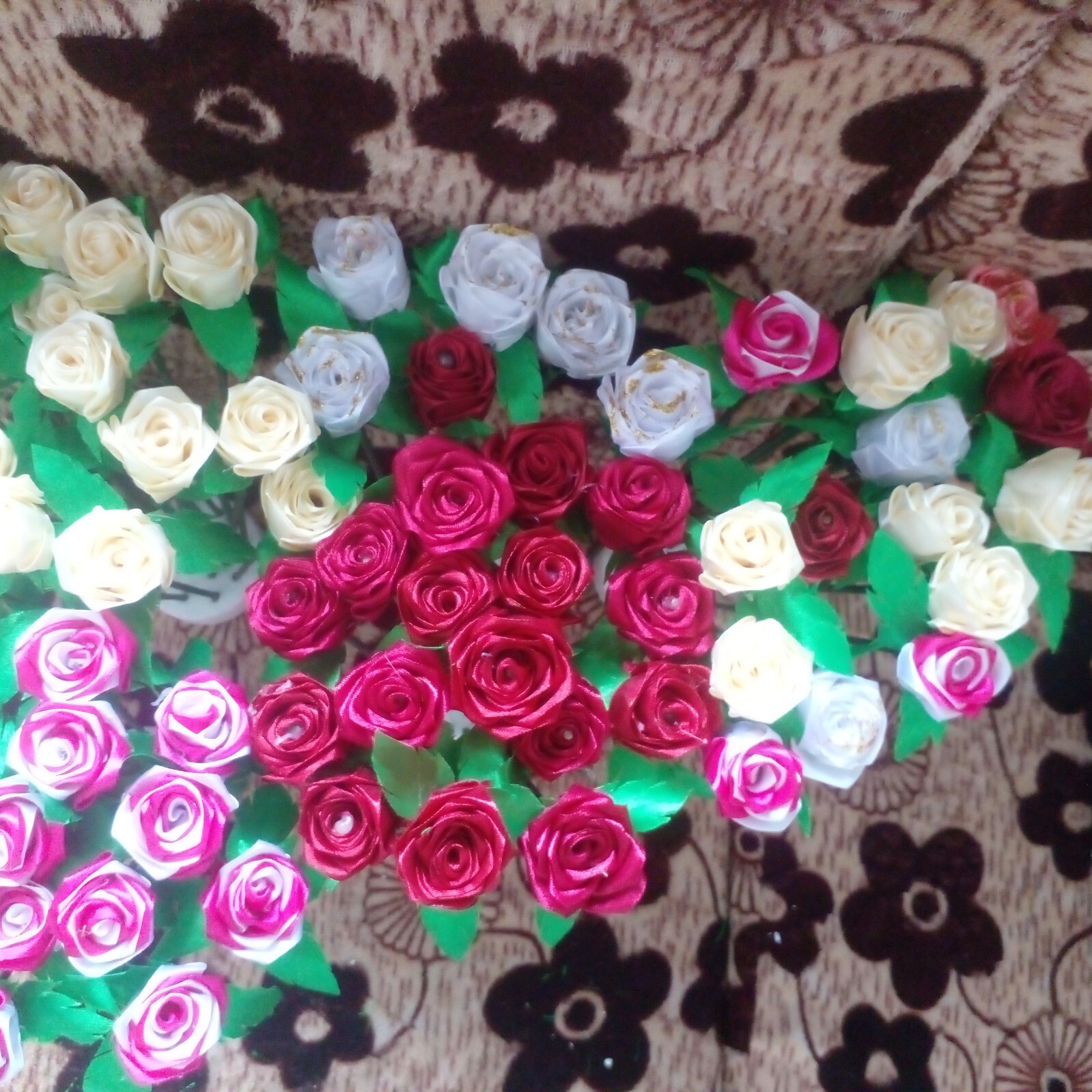 RIBBON ROSE FLOWERS Satin Lot Multicolour DIY Craft Handmade Artificial 5pcs Sti