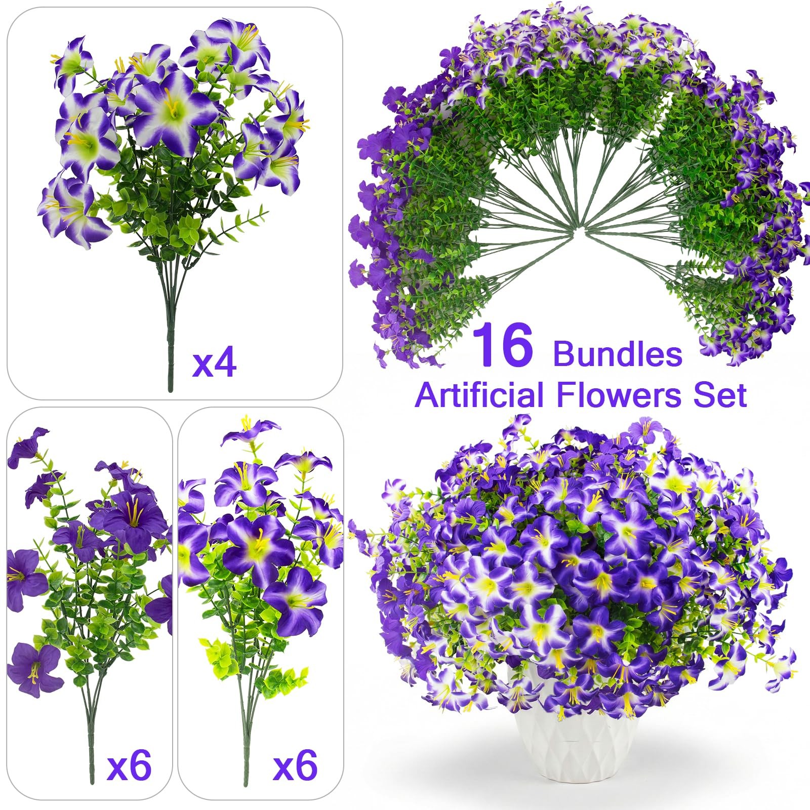 Faux Petunias Artificial Flowers 14.9″ UV Resistant Purple – Outdoor Decor