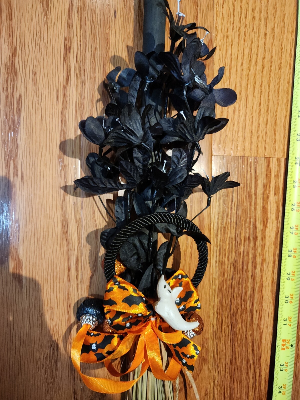 Halloween Decor Witches Broom Black Flowers Ghost Bats 42″ Long Rustic