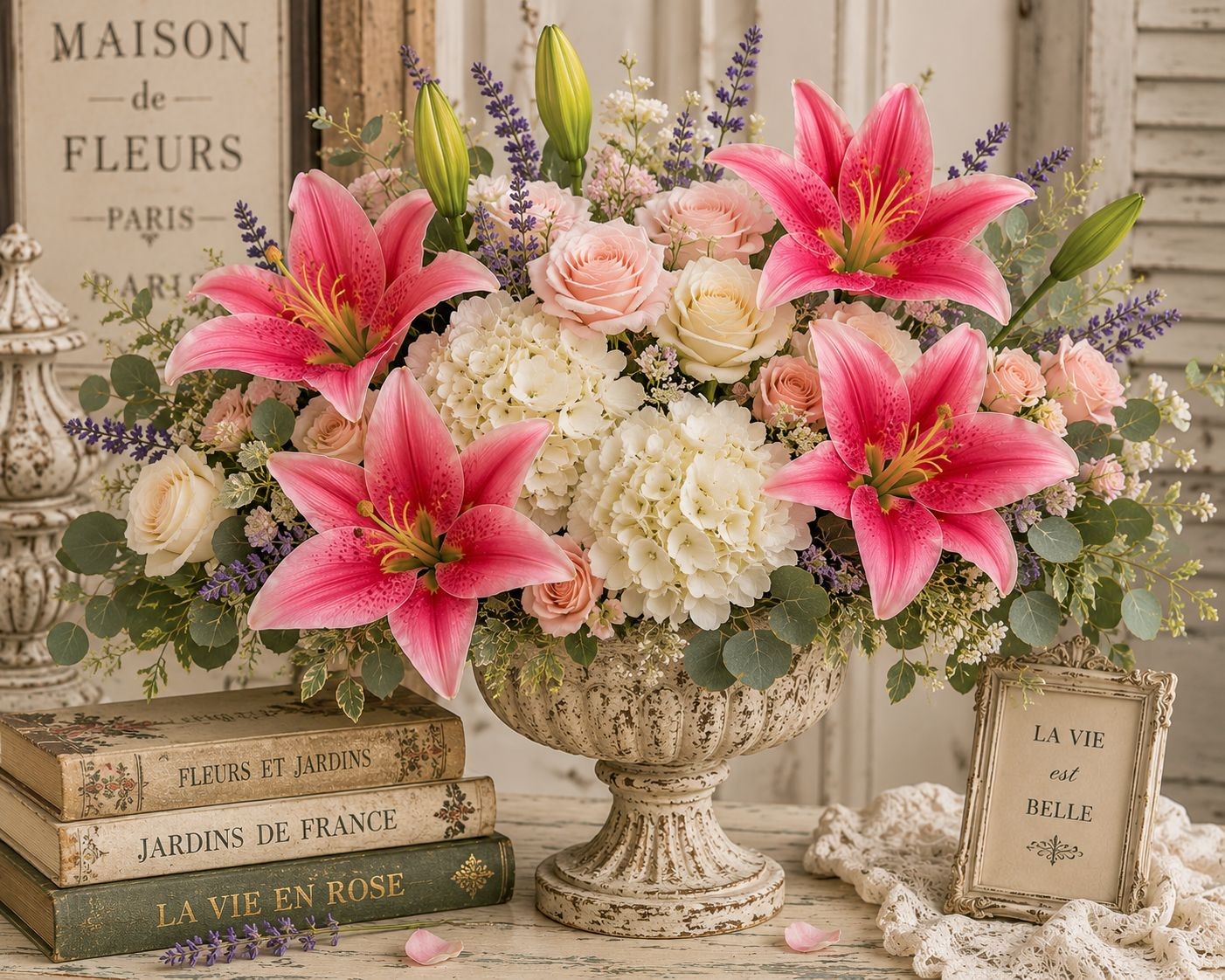 Real Touch Pink White Lily Stems Set of 2, Artificial Lily Flowers, Faux Floral