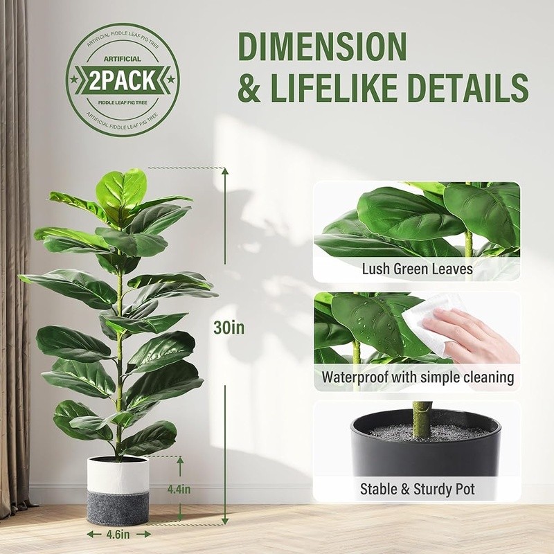 Artificial Fiddle Leaf Fig Trees Set of 2 Adjustable Indoor Outdoor Decor Plants