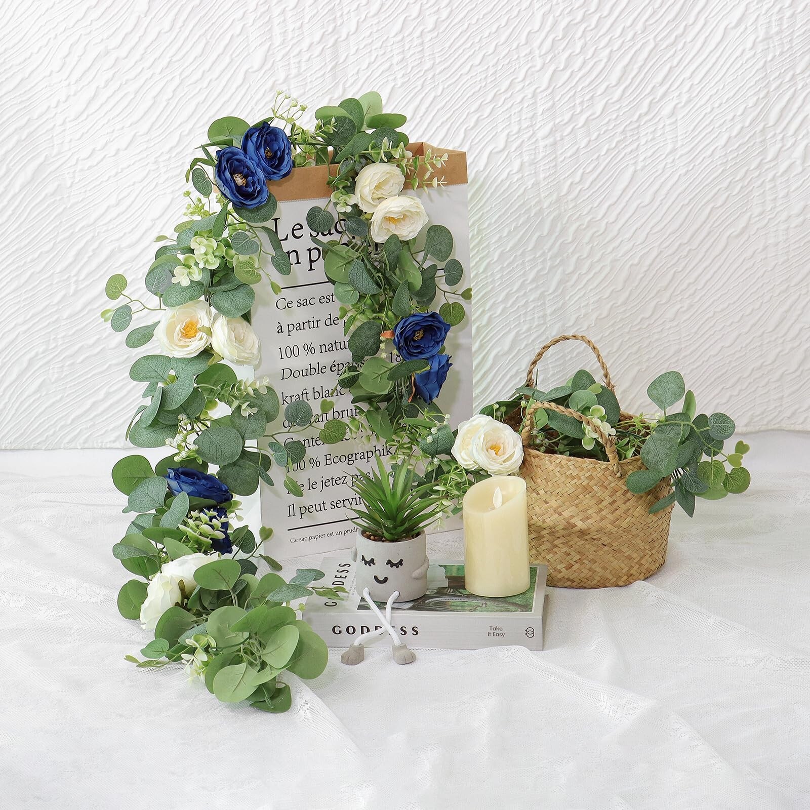 TOCHGREEN 4 Pack Artificial Eucalyptus Flower Garland with White and Blue Ros…