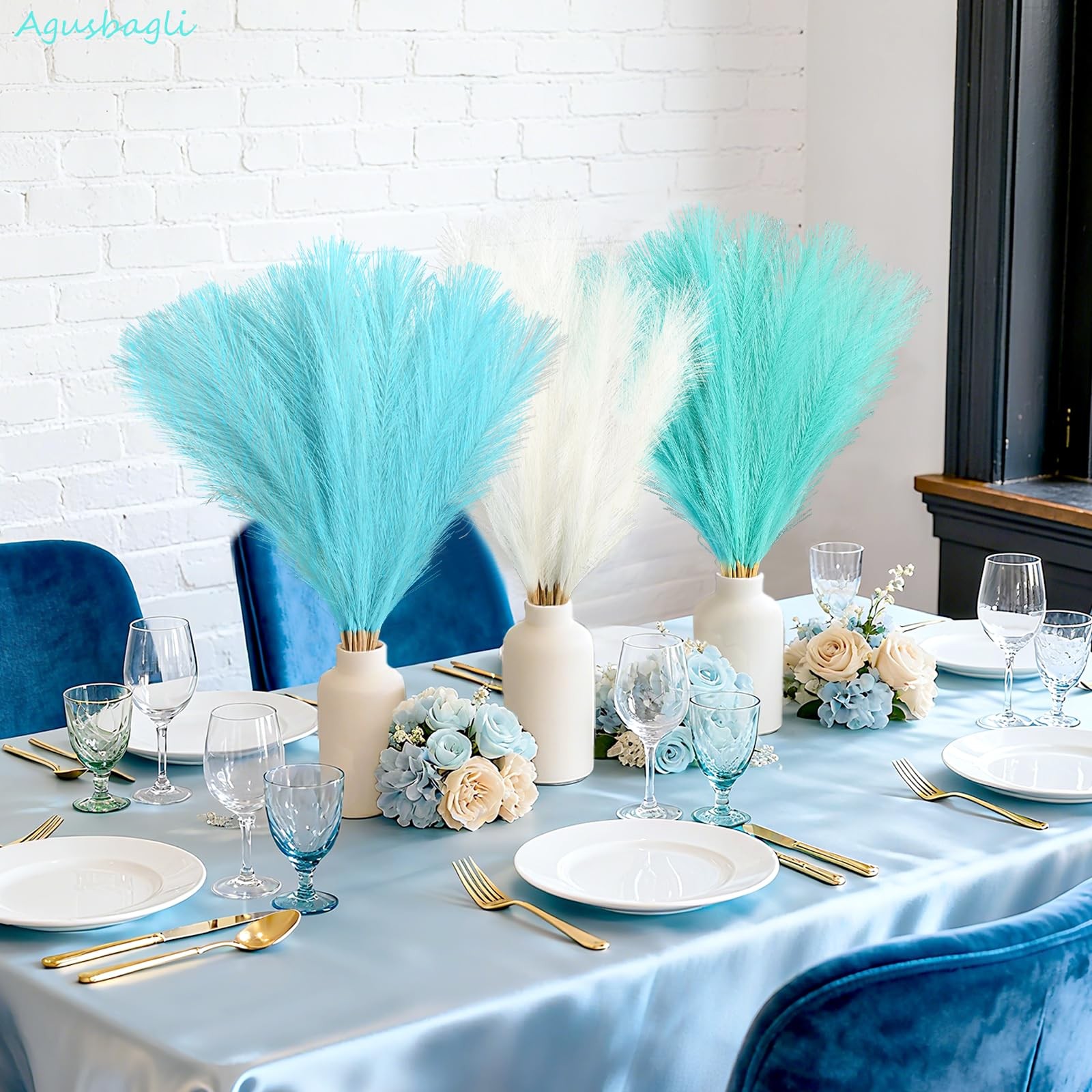 30pcs Light Blue Pampas Grass Decor, 21.5in Fluffy Faux Colored Pampas Grass …