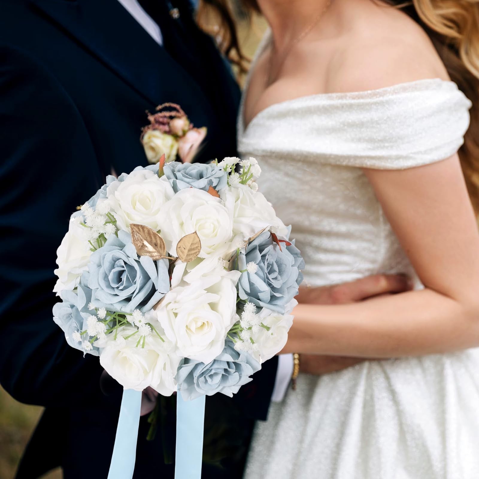 9 Inch Wedding Bouquets for Bride White & Blue Artificial Silk Roses Realistic